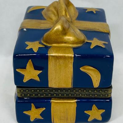 Ceramic Trinket Box Figural Wrapped Present Blue & Gold
