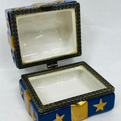 Ceramic Trinket Box Figural Wrapped Present Blue & Gold