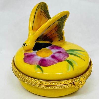 Yellow Ceramic Butterfly Trinket Box Pill Case Snuff box