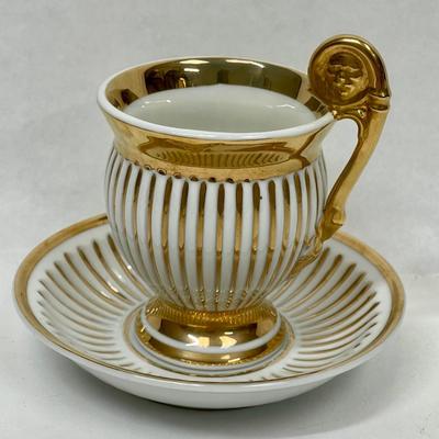 Antique European Tea Cup Saucer Gold White Embossed Stripe Porcelain G-1225