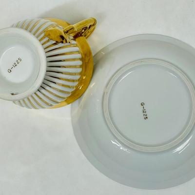 Antique European Tea Cup Saucer Gold White Embossed Stripe Porcelain G-1225