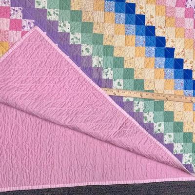 Very Large Multi-colored Hand-made Quilt Prairie Pointed Edge Solid Pink on back 82 X 70 inches