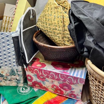 Tropical woven mat, baskets, boxes and bags