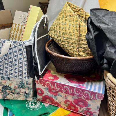 Tropical woven mat, baskets, boxes and bags