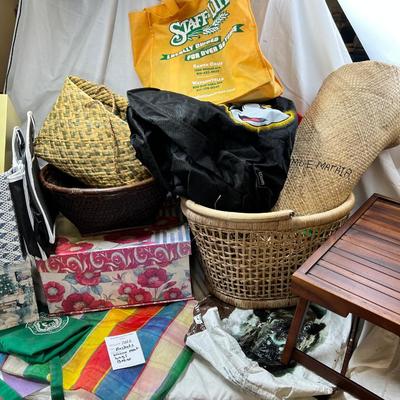Tropical woven mat, baskets, boxes and bags