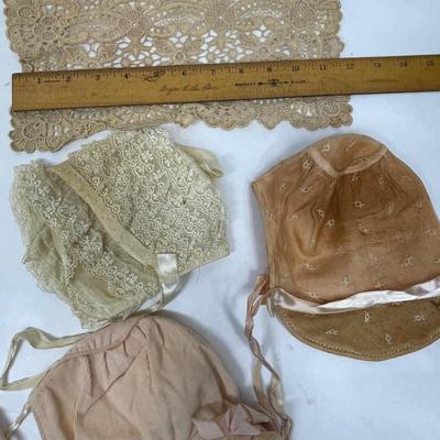 Vintage Textiles Lot = Baby/Doll Bonnets and table decor