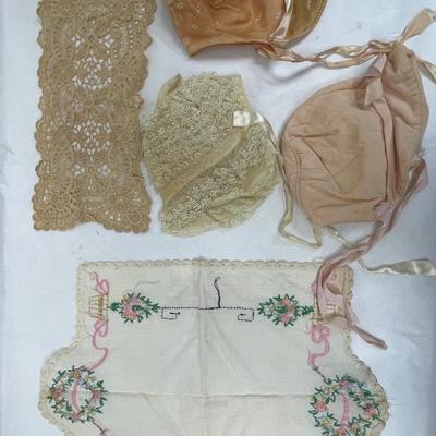 Vintage Textiles Lot = Baby/Doll Bonnets and table decor