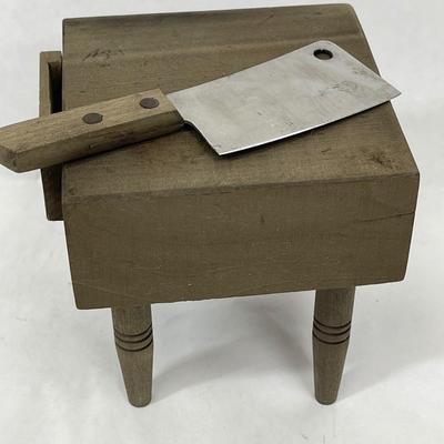 Vintage Dollhouse Butcher Block with Meat Cleaver stamped Stainless Steel JAPAN
