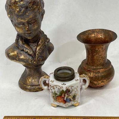 3 pc lot of vintage decor- small bust of a boy, bottom of a mini oil lamp, mini copper sputoon