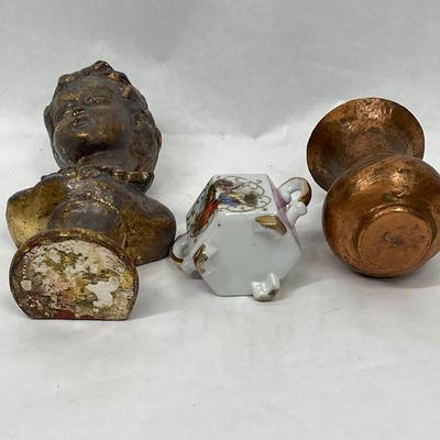 3 pc lot of vintage decor- small bust of a boy, bottom of a mini oil lamp, mini copper sputoon