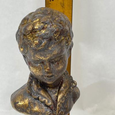3 pc lot of vintage decor- small bust of a boy, bottom of a mini oil lamp, mini copper sputoon