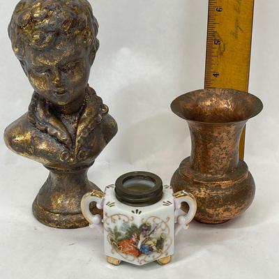 3 pc lot of vintage decor- small bust of a boy, bottom of a mini oil lamp, mini copper sputoon