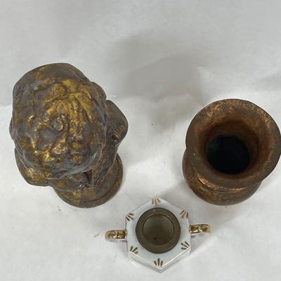 3 pc lot of vintage decor- small bust of a boy, bottom of a mini oil lamp, mini copper sputoon