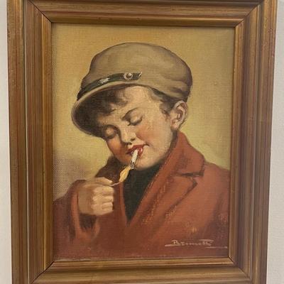 Antonio Vallone Style Boy lighting Cigarette framed oil Painting/SIGNED