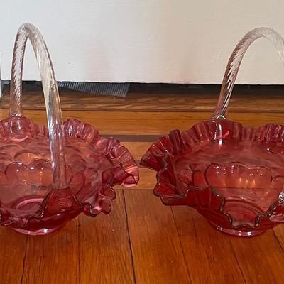 Fenton Glass Cranberry Basket Twin Set