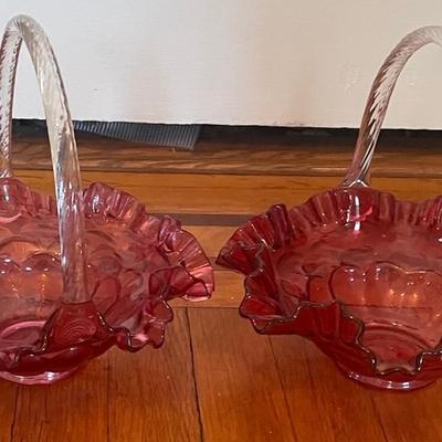 Fenton Glass Cranberry Basket Twin Set