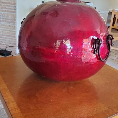 Vibrant palace size enameled Copper Vase with hand forged handles