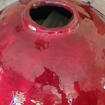 Vibrant palace size enameled Copper Vase with hand forged handles