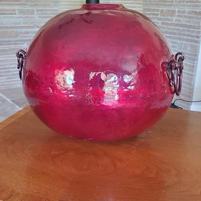 Vibrant palace size enameled Copper Vase with hand forged handles