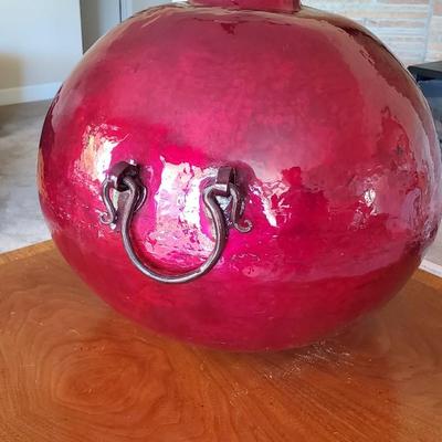 Vibrant palace size enameled Copper Vase with hand forged handles