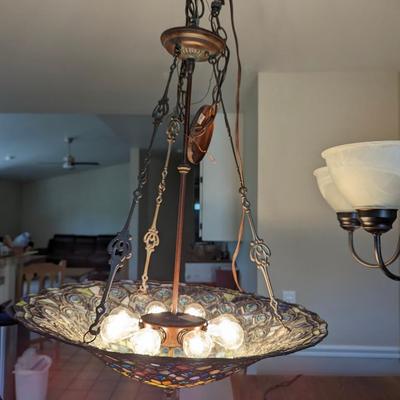 Large Meyda Tiffany Style Peacock stained glass inverted pendant lamp