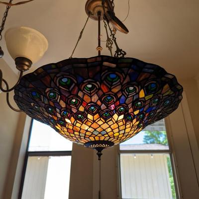 Large Meyda Tiffany Style Peacock stained glass inverted pendant lamp