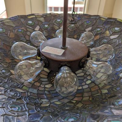 Large Meyda Tiffany Style Peacock stained glass inverted pendant lamp