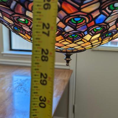Large Meyda Tiffany Style Peacock stained glass inverted pendant lamp