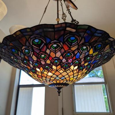 Large Meyda Tiffany Style Peacock stained glass inverted pendant lamp