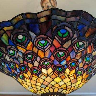 Large Meyda Tiffany Style Peacock stained glass inverted pendant lamp