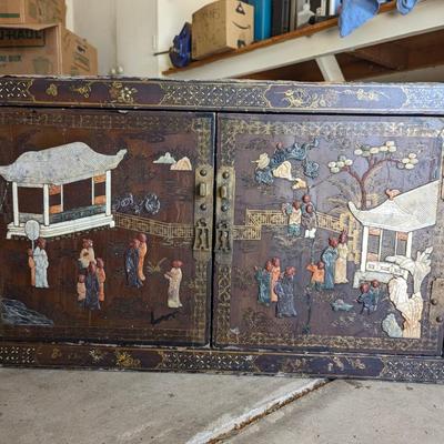 Chinese Lacquer and soapstone overlay Cabinet, Late 19th - Early 20th Century