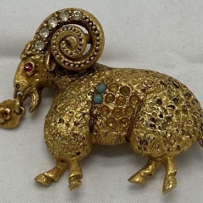 Rare Vintage Ram Brooch or Pin, Vintage Figural Sculptural Textured Jeweled Ram Brooch With Turquoise and Crystal Accents