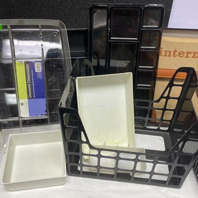 Lot of Office Accessories - white board, cork board, file boxes, portfolio, drawer trays