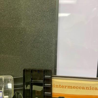 Lot of Office Accessories - white board, cork board, file boxes, portfolio, drawer trays