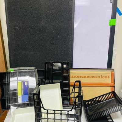 Lot of Office Accessories - white board, cork board, file boxes, portfolio, drawer trays