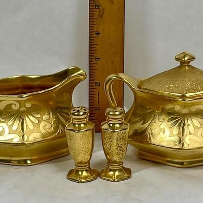Lot of Covered Sugar Bowl Creamer with Salt & Pepper Shakers 24K gold hand decorated made in Japan
