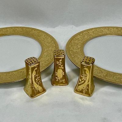 Gold border plates and gold porcelain salt