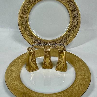 Gold border plates and gold porcelain salt
