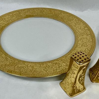 Gold border plates and gold porcelain salt
