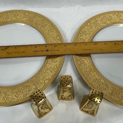 Gold border plates and gold porcelain salt