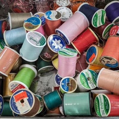 Lot of Vintage Spools of Thread 50+ in Large Tin