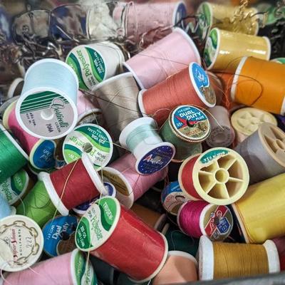 Lot of Vintage Spools of Thread 50+ in Large Tin
