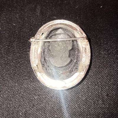 WARNER GLASS BROOCH AND MATCHING CLIP ON EARRINGS WITH ETCHED CAMEOS