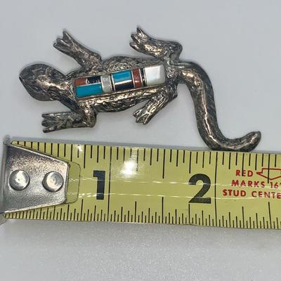 Vintage Native American Pawn Silver Iguana Pin/Brooch With Stone Inlay
