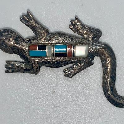 Vintage Native American Pawn Silver Iguana Pin/Brooch With Stone Inlay
