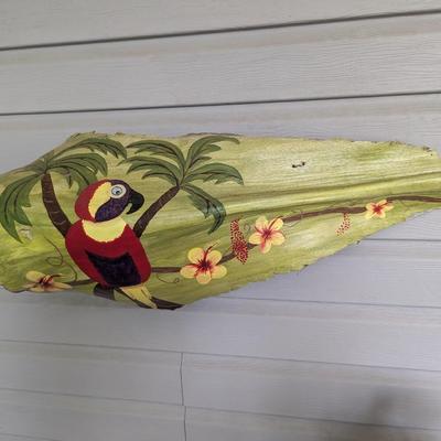 Hand Painted Parrot On Palm Tree Bark