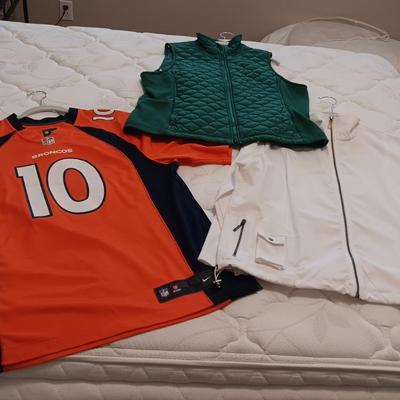 DENVER BRONCOS JERSEY (L), QUILTED VEST (XL) AND LIGHT JACKET (3X)