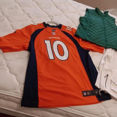 DENVER BRONCOS JERSEY (L), QUILTED VEST (XL) AND LIGHT JACKET (3X)