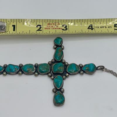 Large Native American Pawn Silver and Turquoise Cross Necklace