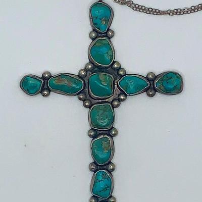 Large Native American Pawn Silver and Turquoise Cross Necklace